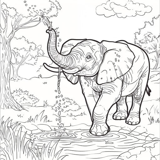 Friendly elephant spraying water from its trunk. Coloring book page