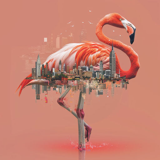 Flamingo standing on one leg with balanced cityscape