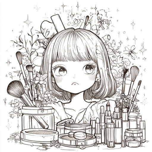 Mystical makeup set with glowing magical elements, in the style of Mamoru Hosoda, Coloring book page