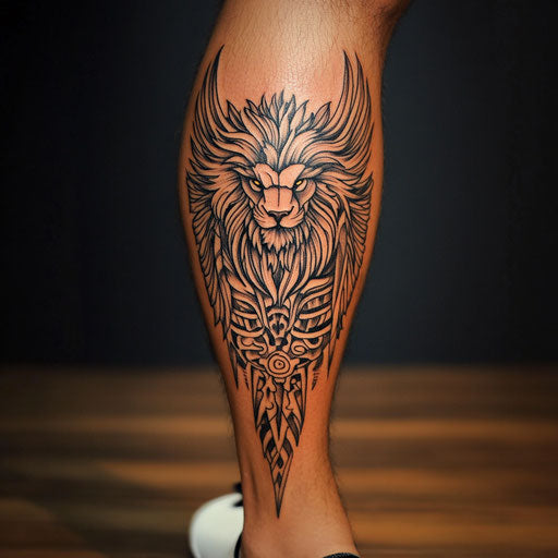 Shin tattoo with bold tribal wings and fierce lion