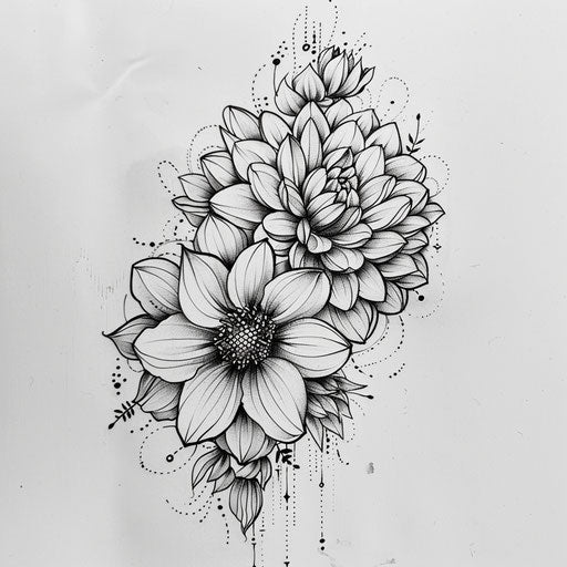 Monochrome dahlia tattoo sketch with detailed line art
