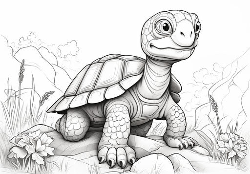 Coloring pages of a turtle in cartoonish innocence style