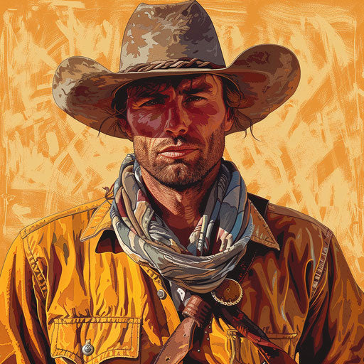 Cowboy clip art in photo realistic style with a flat random background, high contrast and saturated hues