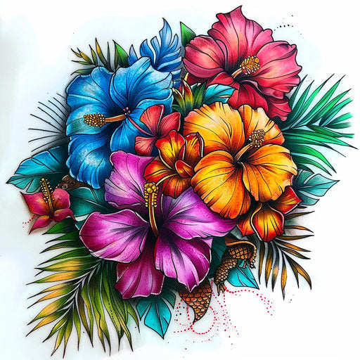 Vivid tropical floral tattoo design on white background
