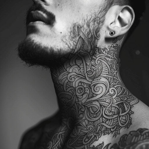 Men's neck tattoo with intricate biomechanical patterns