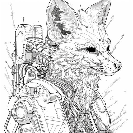 Futuristic fox with robotic elements - Coloring book page