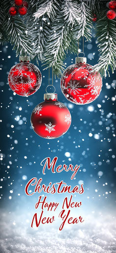 3D red Christmas ornaments hanging on blue background of snow-covered fir trees