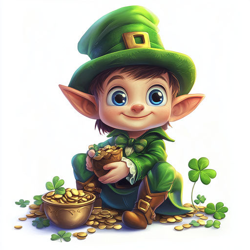 Shamrock, leprechaun with hat and pot of gold, cute baby