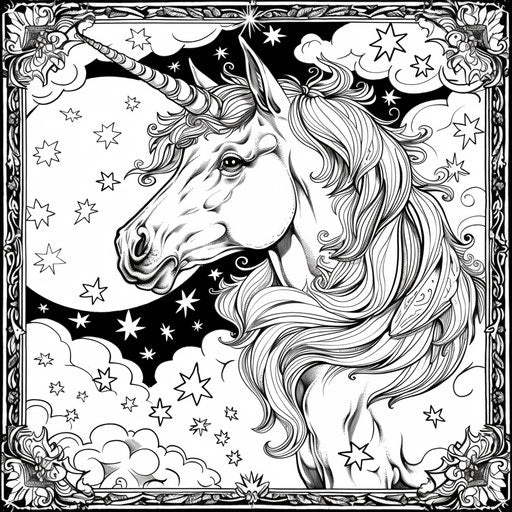 Mystical unicorn in a starry night sky. Coloring book page