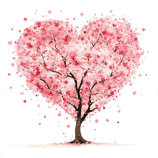 Heart-shaped cherry blossom tree in pink clipart style