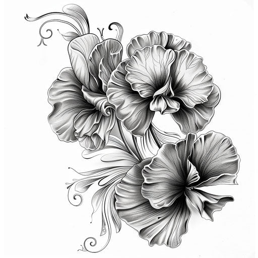 Sophisticated sketch of sweet pea in clipart style with lace detailing and elegant grayscale tones