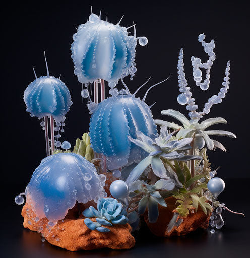 Crystal plants, sky-blue and dark brown, water droplets