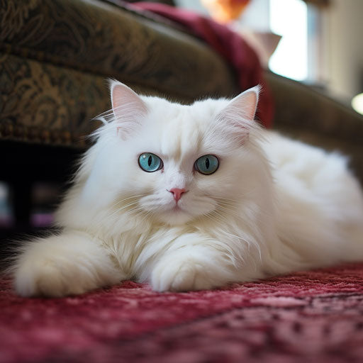 White cat laying on a carpet