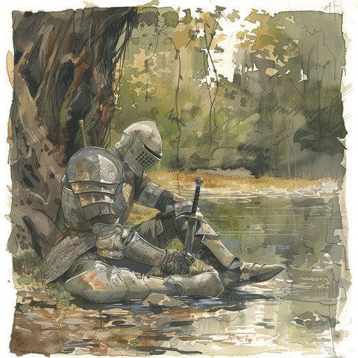 Impressionist tattoo sketch of a knight resting by a creek