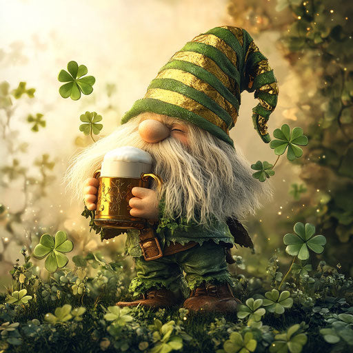 St Patrick's Day, adorable gnome in green and gold hat holding beer mug surrounded by clovers