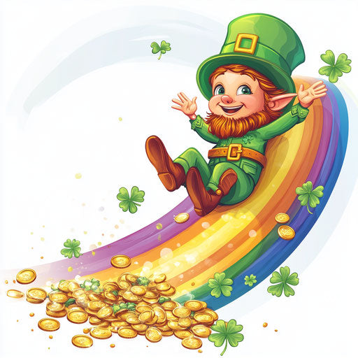 St. Patrick's Day Leprechaun sliding on a rainbow with gold coins and shamrocks
