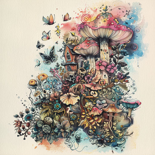 Whimsical tattoo sketch for a cross stitch tattoo featuring fairy tale characters in pastel colors