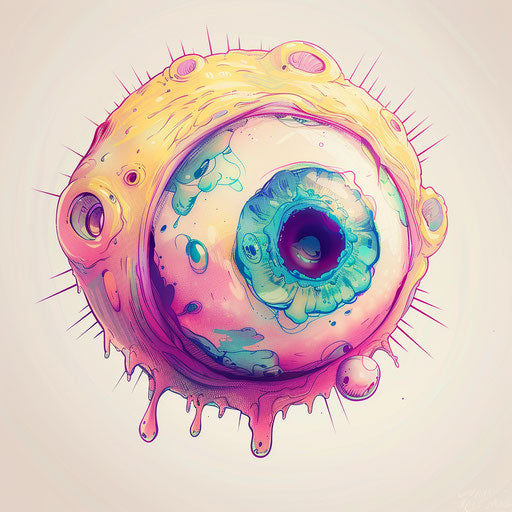 Fun tattoo sketch of a cartoonish eyeball in cheerful pastels