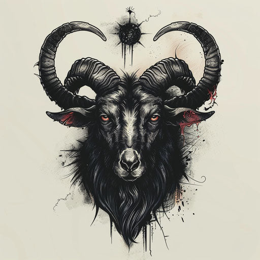 Gothic style goat tattoo with dark elements and moody colors
