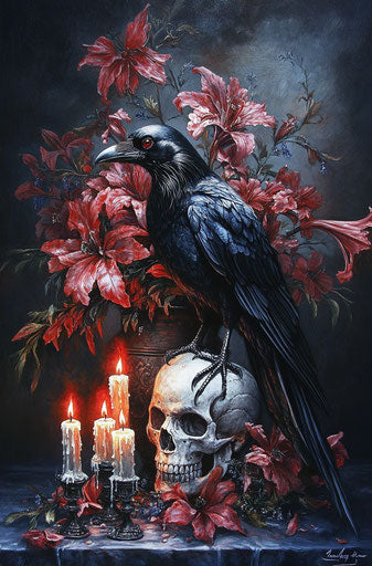 Gothic-style painting with raven, skull, and candles, in dark colors.