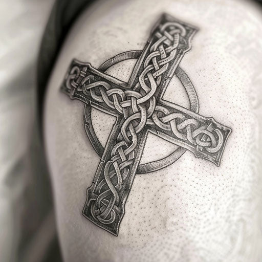 Elaborate Celtic cross tattoo on white surface