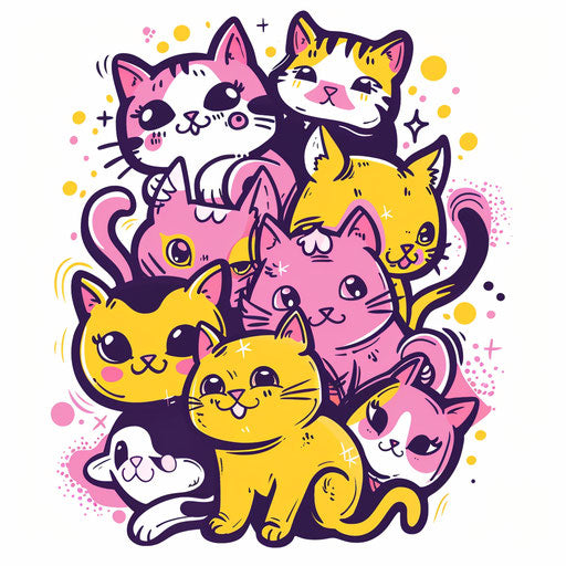 Playful tattoo design for girls with cartoon cats in bright pink and yellow