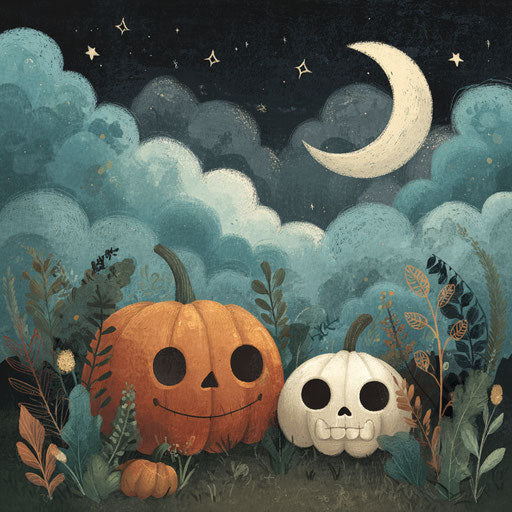 Festive Halloween Scene with Pumpkins and Skull
