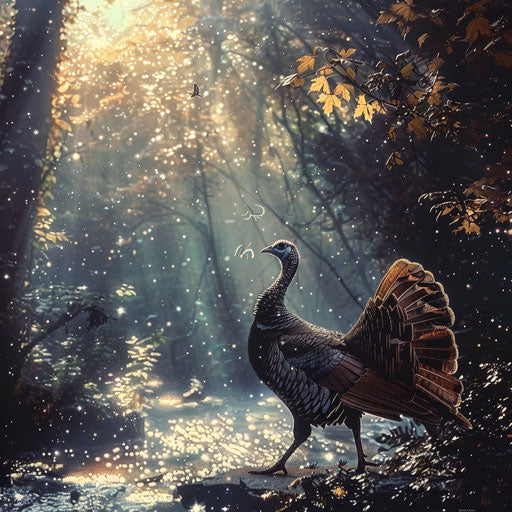 Wild turkey near a sparkling stream, in the style of Gregory Colbert