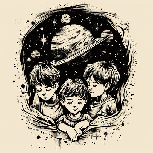 Flat tattoo sketch for mom: 3 children in cosmic theme