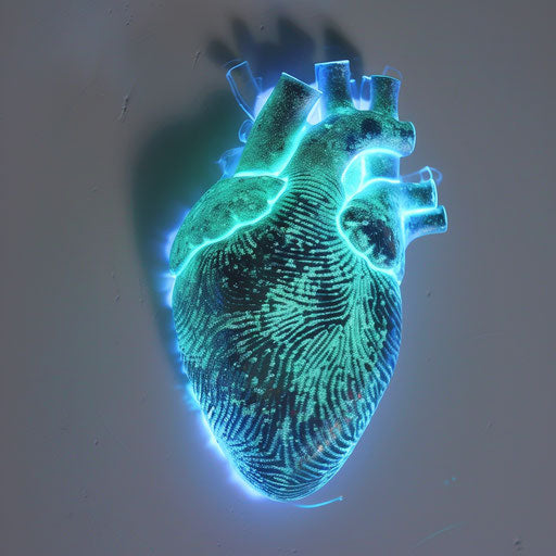 Bioluminescent heart tattoo in fingerprint style in green and blue