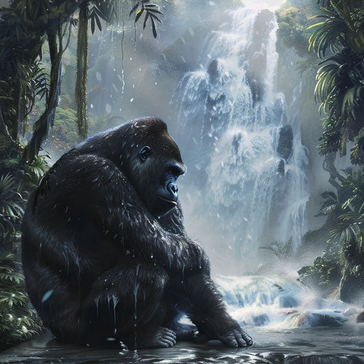 Gorilla pondering at serene jungle waterfall, mist around