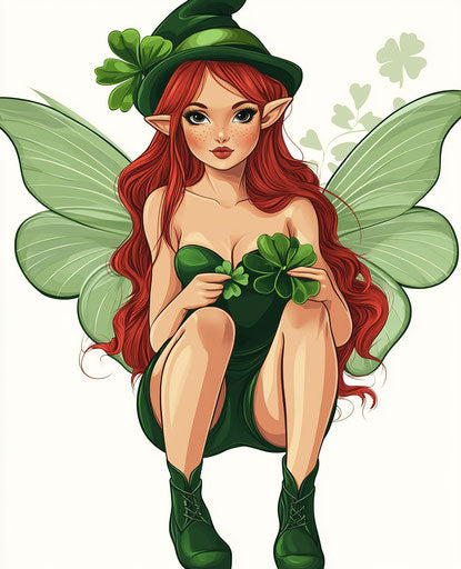 Irish fairy with four-leaf clovers