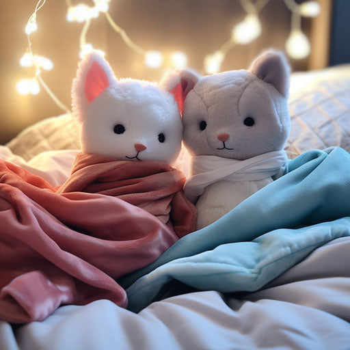 Two stuffed animals lying in bed