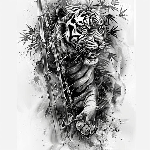 Tattoo sketch of a roaring tiger and bamboo, full sleeve for men
