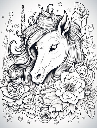 Unicorn happy birthday coloring pages make a wish, dark orange and magenta style