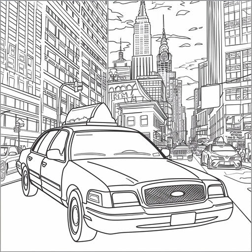 Outline of a taxi in a busy street. Coloring book page