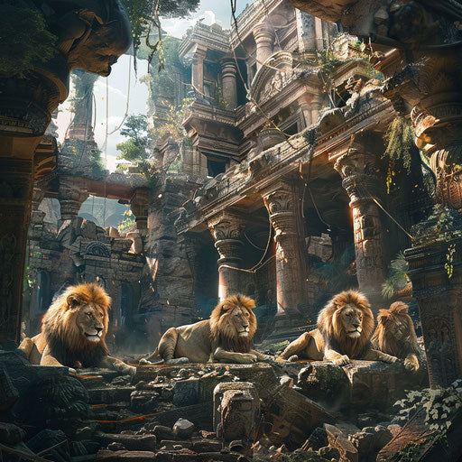 Nostalgic scene of lions resting in the ruins of an ancient civilization