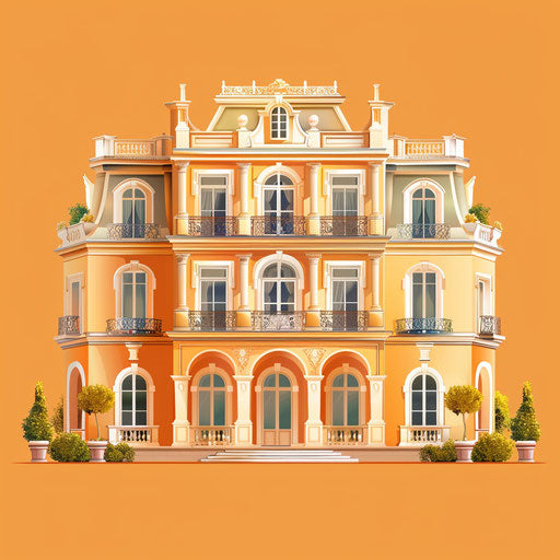 Realistic mansion on flat sunset orange background