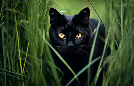 Black cat in grass with yellow eyes