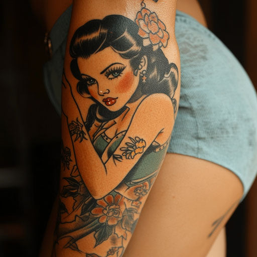 Sailor Jerry style pin-up girl tattoo on upper arm