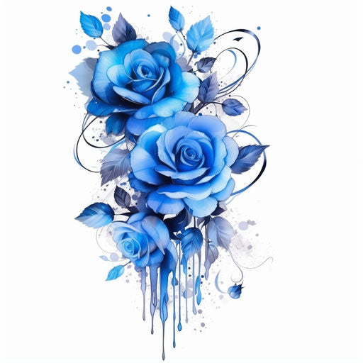 Tattoo with blue roses, various patterns style, transparent/translucent medium, high quality
