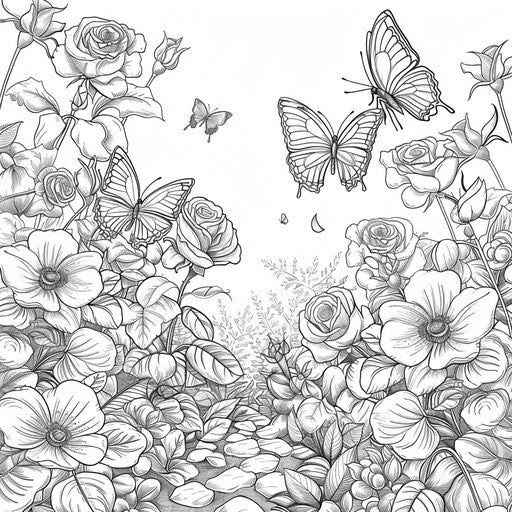 Garden scene with butterflies and blooming roses