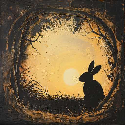 Rabbit silhouette peeking from burrow opening