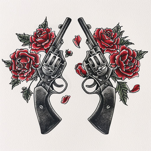Traditional tattoo of crossed pistols and black and red roses on white