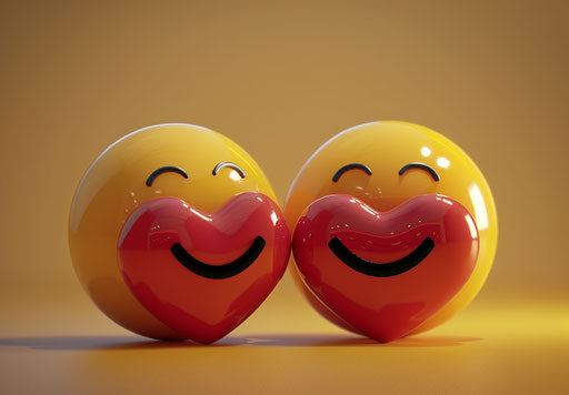 Two smiling emojis holding hearts, candid romantic atmosphere