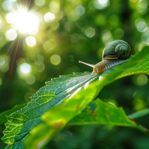 Wolf snail on vibrant green leaf with sun bokeh