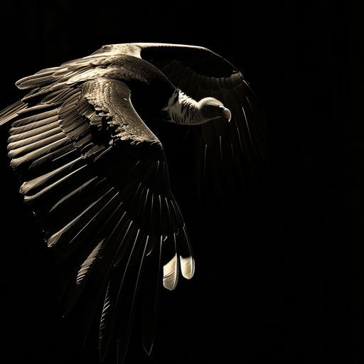 Vulture captured mid-flight with spread wings and shadows