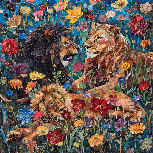 Felines in field of flowers, contrasting fierceness and gentleness