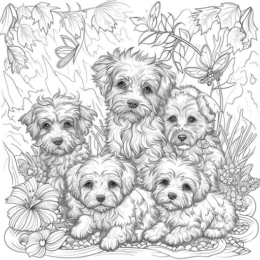 Fantasy scene puppies with fairy wings. Coloring book page