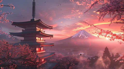 Five-storied pagoda on snowy summit of Mt. Fuji in Japan